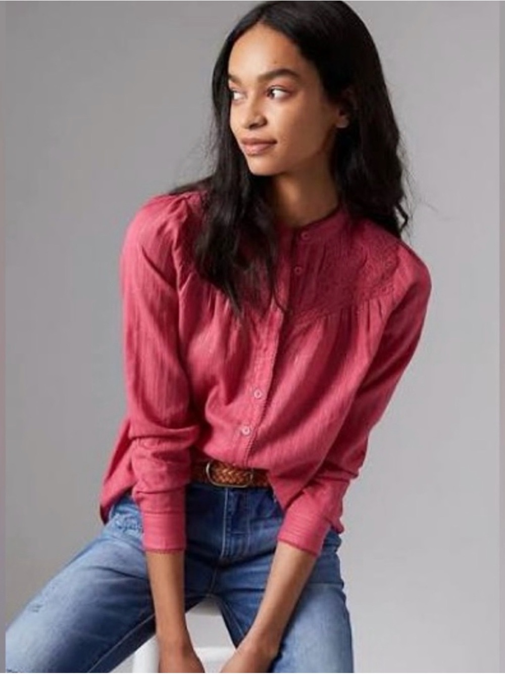 Pilcro Rose Pink Button-Down Shirt with Lace Yoke